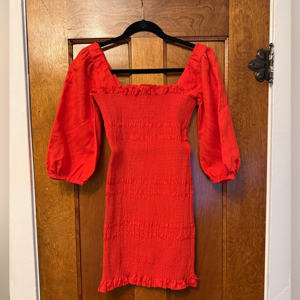 Red smocked linen Puff Sleeve Dress